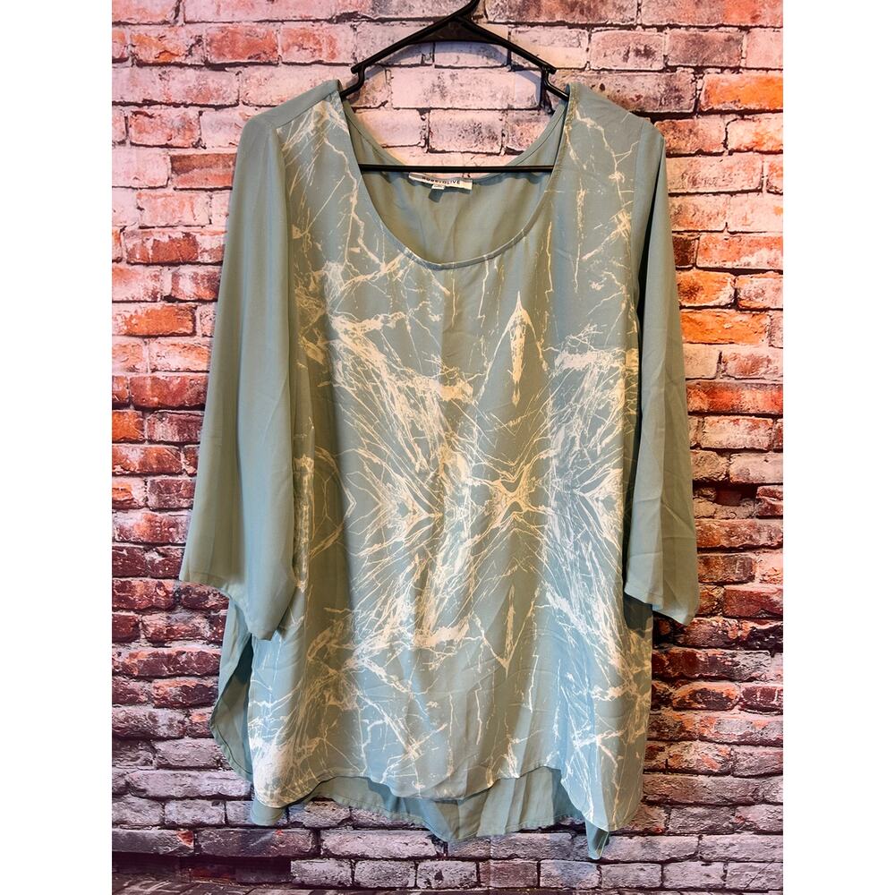 rose + olive green short sleeve semi sheer blouse top women's size 1x